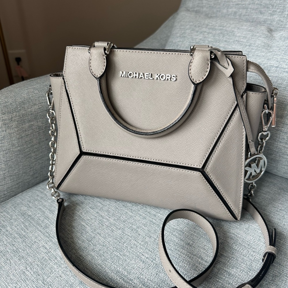 Michael Kors Gray Prism Satchel with Signature MK Logo and Double Handles